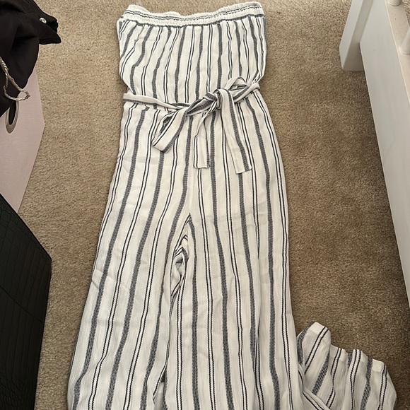Love Culture Pants - Love Culture Strapless White Jumpsuit with Stripes and Tie- Size Small
